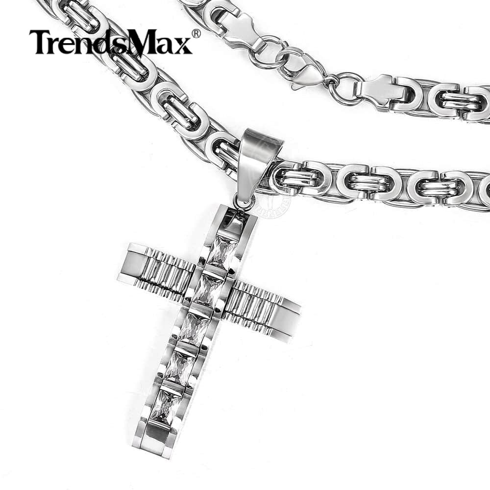 Cubic Zirconia CZ Cross Necklace Pendant Stainless Steel Byzantine Box Chain Men