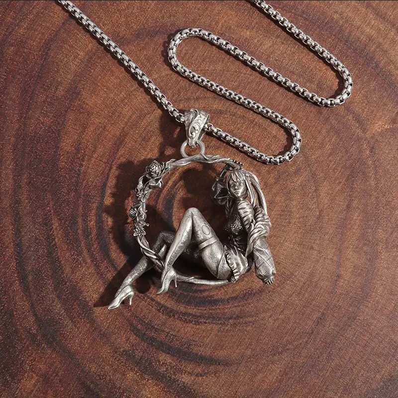 Rose Ring Beauty Jewelry Vintage Silver Sexy Goddess Swinging Pendant Necklace