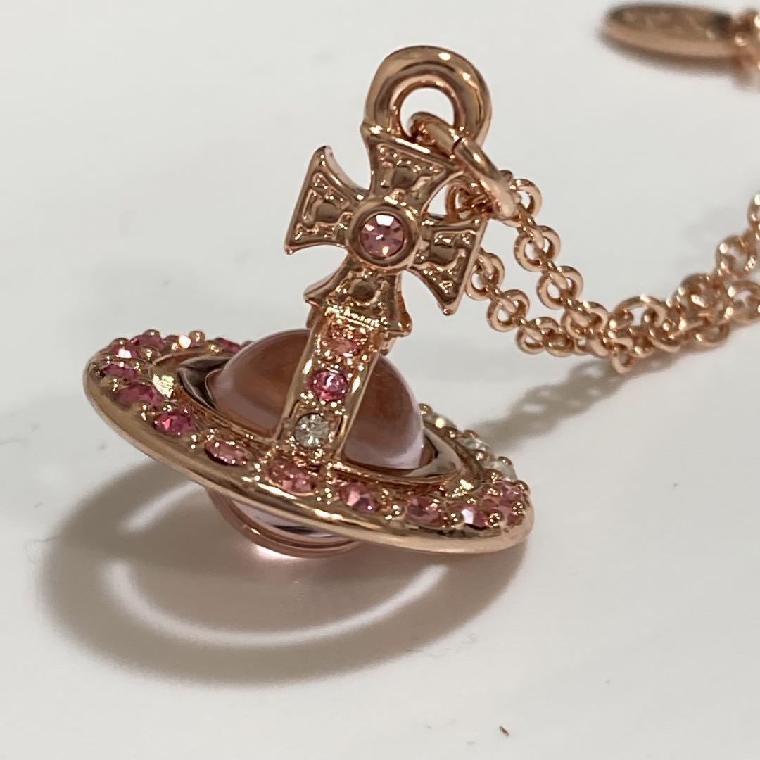 Vivienne Westwood Necklace Tri-Color Rhinestone Orb Pink Gold Pink w/drawstring
