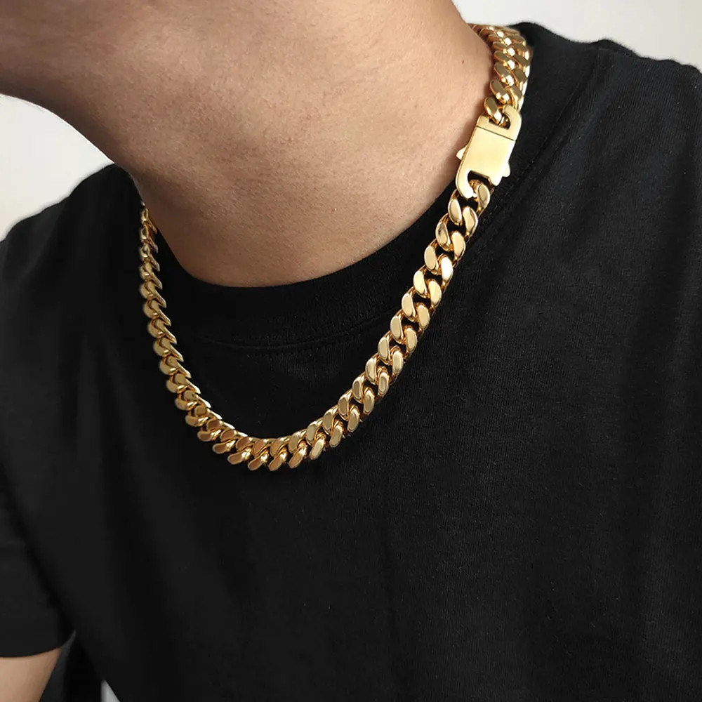 Cuban Link Chain Necklace Stainless Steel Flat Curb Wide Heavy Link Jewelry