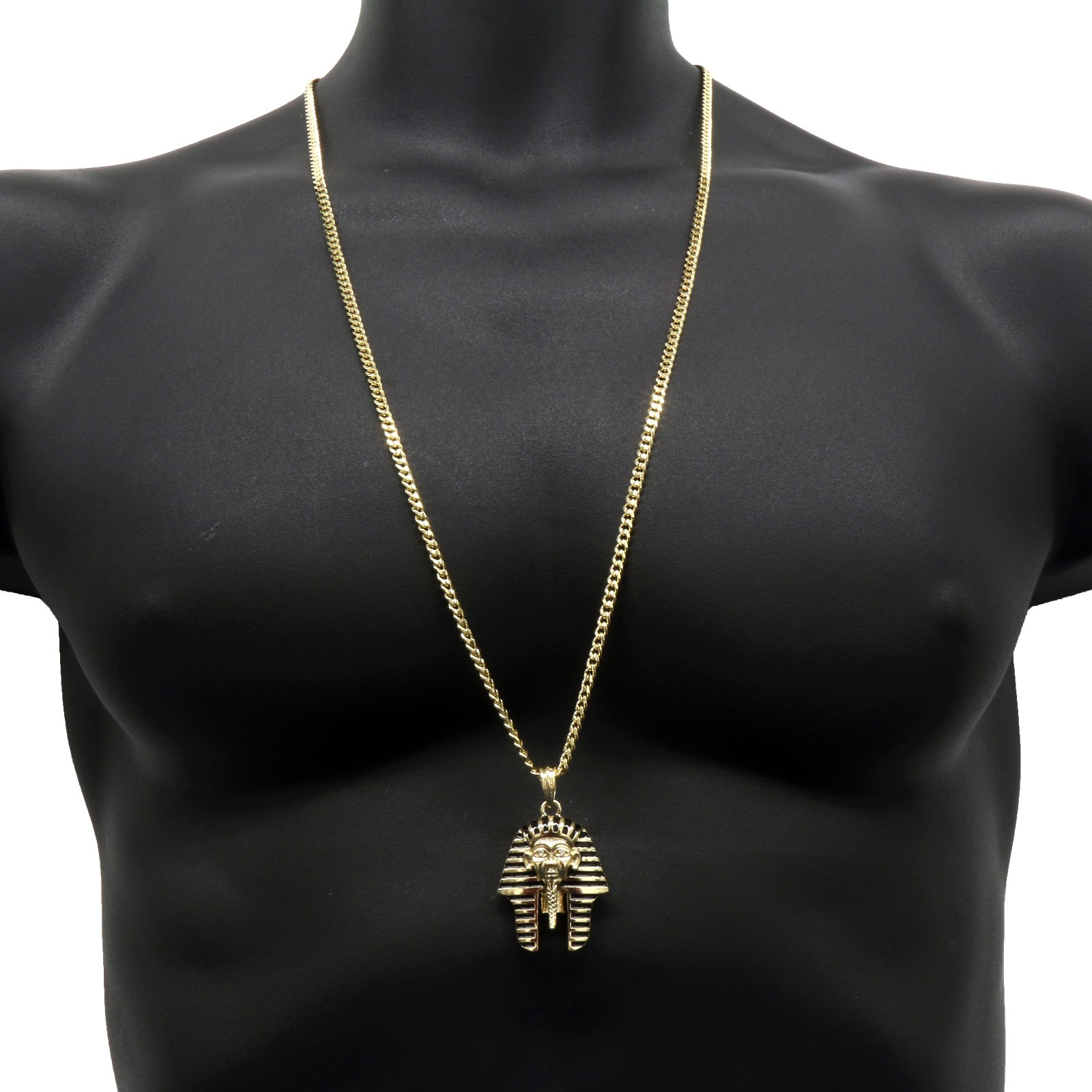 Men’s 14k Gold Plated Black Stripe Micro Pharaoh Pendant Hip Hop 30″ Cuban Chain