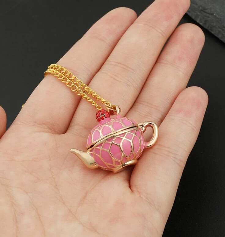 Pink & Gold Teapot Necklace – Cute, Locket Style – Coffee, Tea, Cute Gift