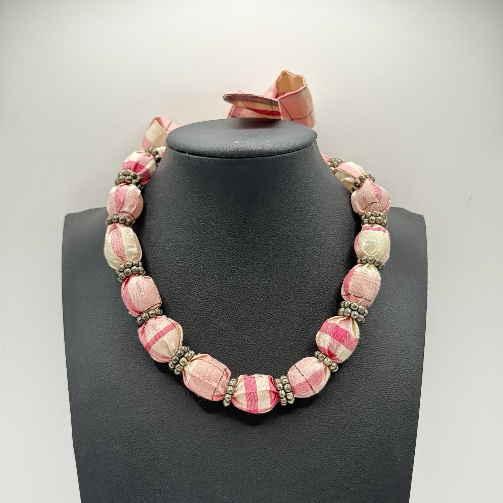 Pink Plaid Fabric Tie Back Necklace PEAPODS.ORG Preppy Adjustable Beaded Girly