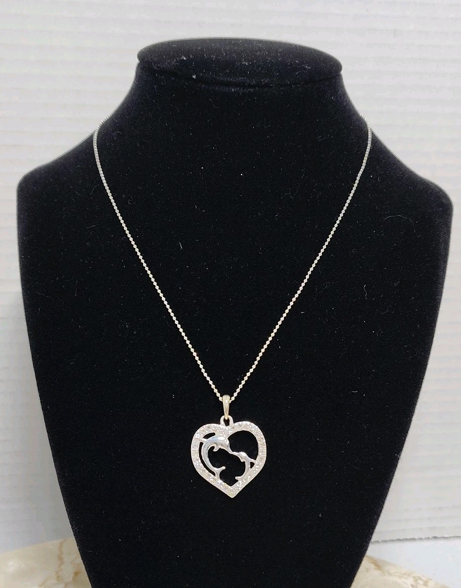 Dolphins Heart Pendant Necklace 16”-19” Silver Toned By Adult Jewels