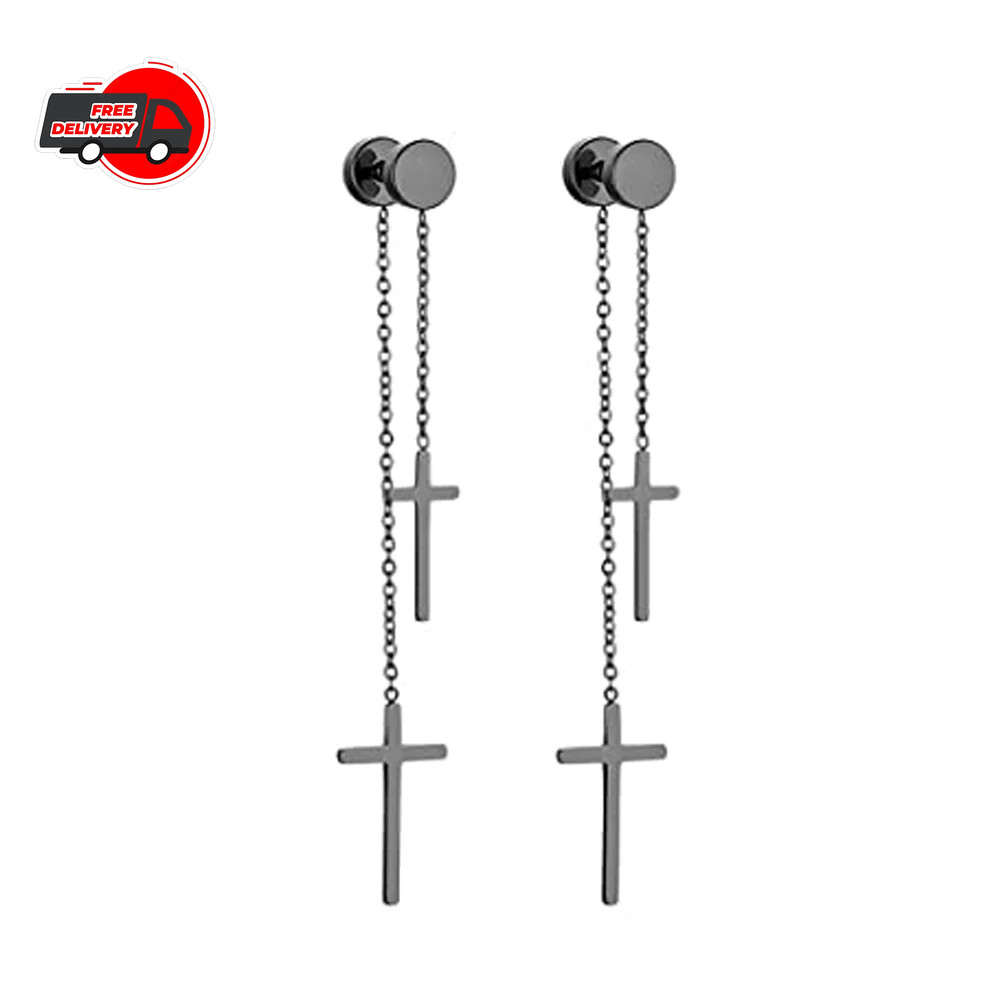 Punk Black Cross Stainless Steel Hoop Earrings for Women Men Fashion Vintage