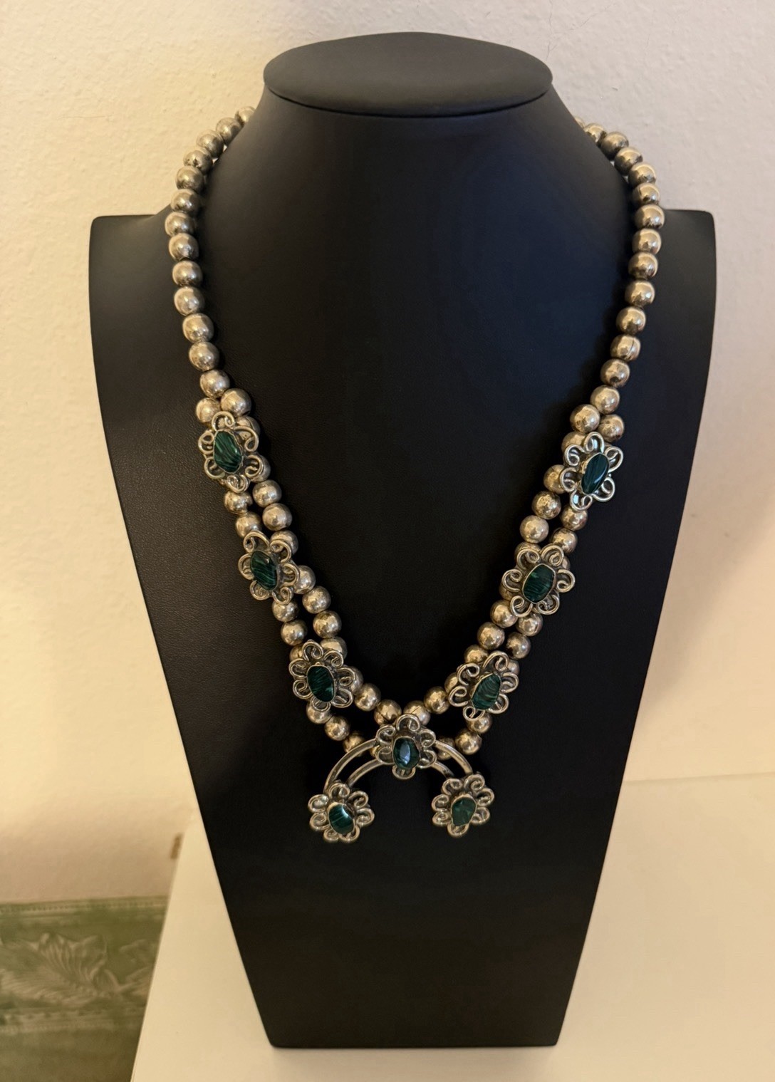 Vintage Southwestern Silver Bead Necklace w/ Malachite Stones & Naja Pendant