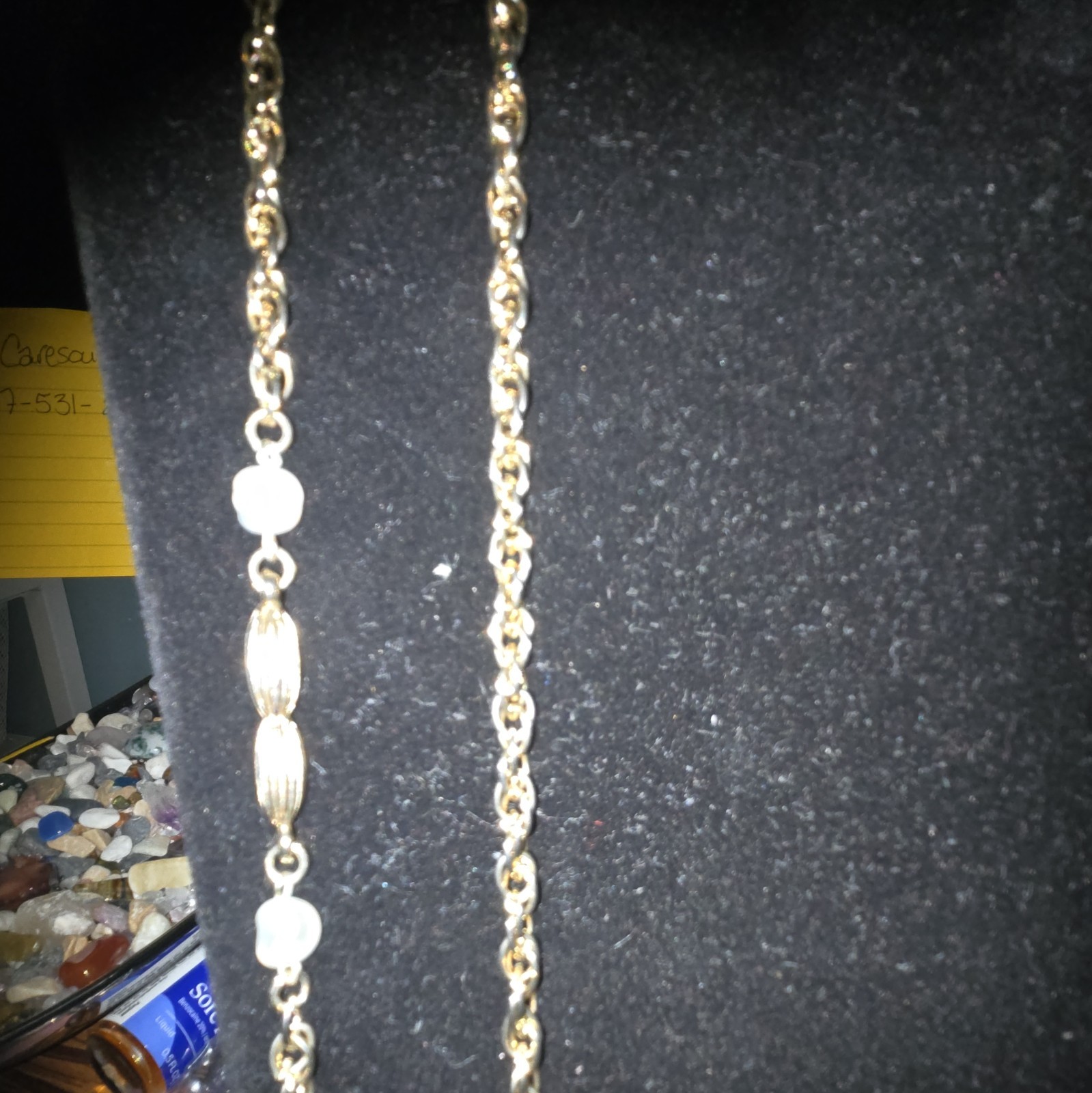 Pale Goldtone Rope Chain Station Necklace White Round Glass Beads 56 Total In.