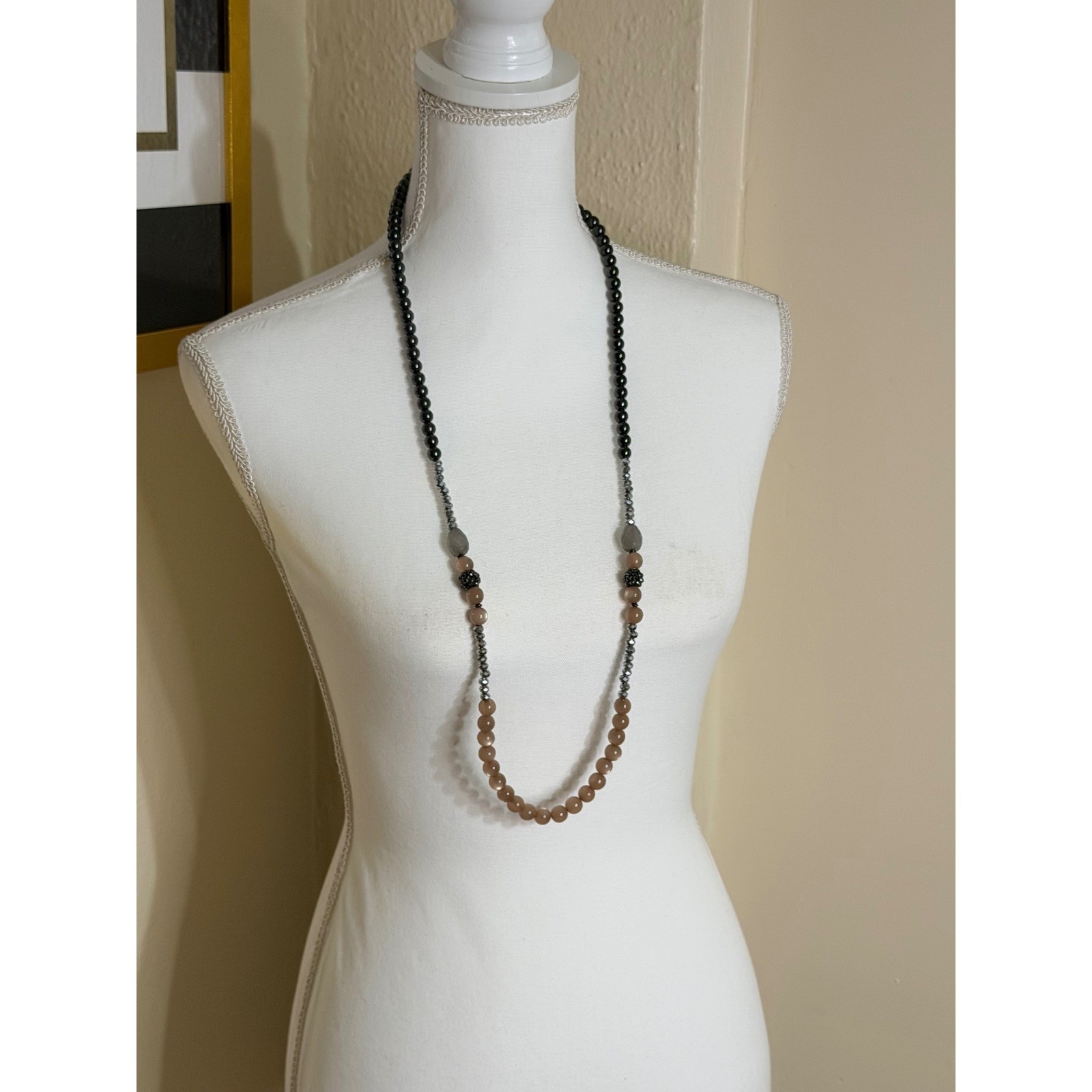 Long Beaded Strand Necklace Black Tan Grey Stone Crystal Boho Layering Jewelry
