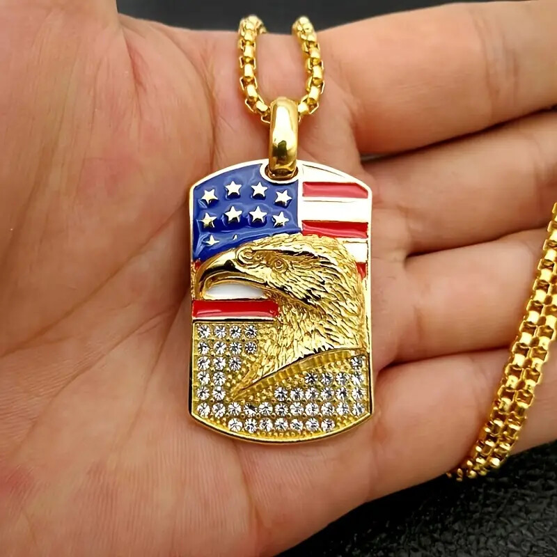 316L Stainless Steel American Eagle Dog Tag Pendant 3mm 24″ Rolo Chain Necklace