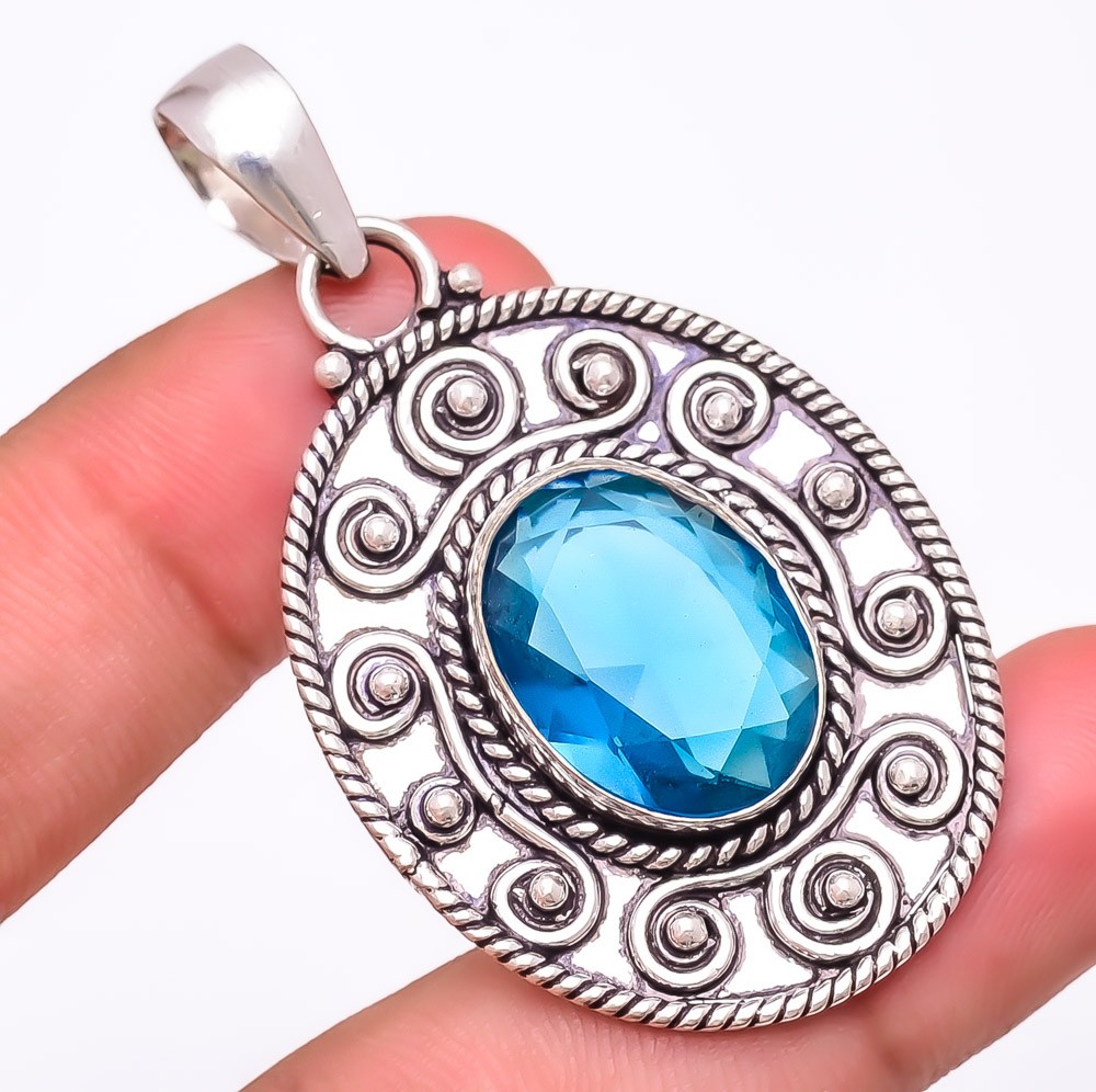 Madagascar Blue Sapphire (Lab-Created) 925 Silver Plated Pendant 2.3″ M1510