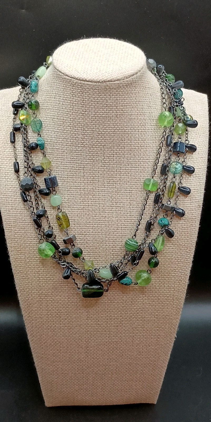 Lia Sophia Herb Garden Necklace Multistrand Green Blue Glass Hematite 17-20″