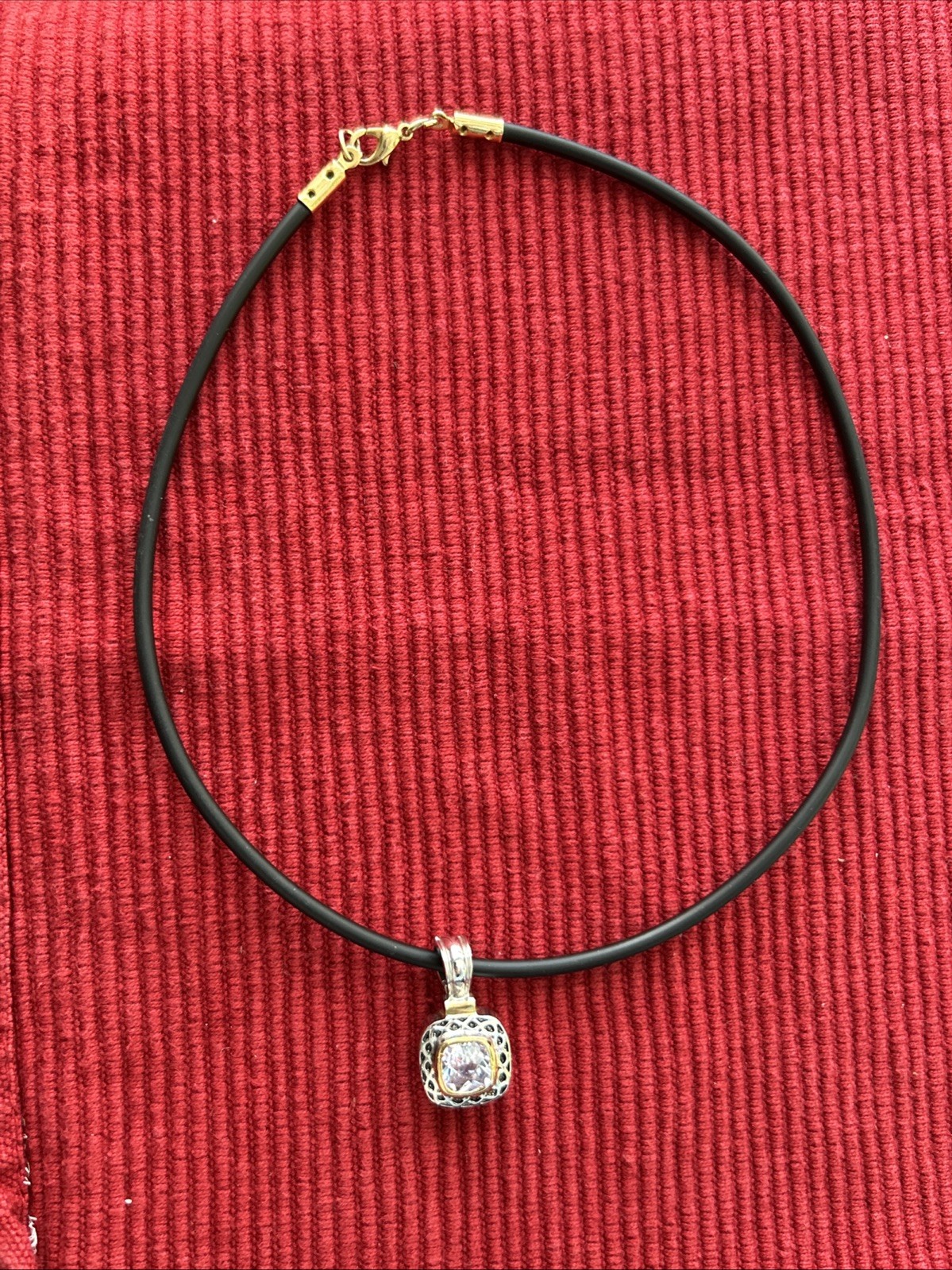 Gold And Silver Tone Square Pink Lab Diamond Pendant Necklace On Black Cord 16”