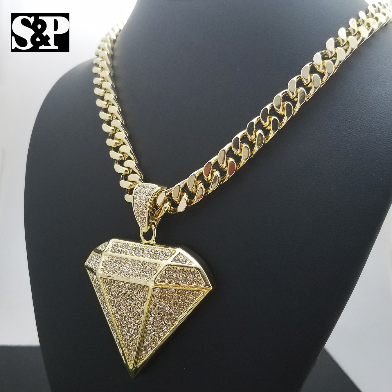 Gold Plated Alloy Cubic Zirconia Diamond Shape 30″ Cuban Chain Hip Hop Necklace