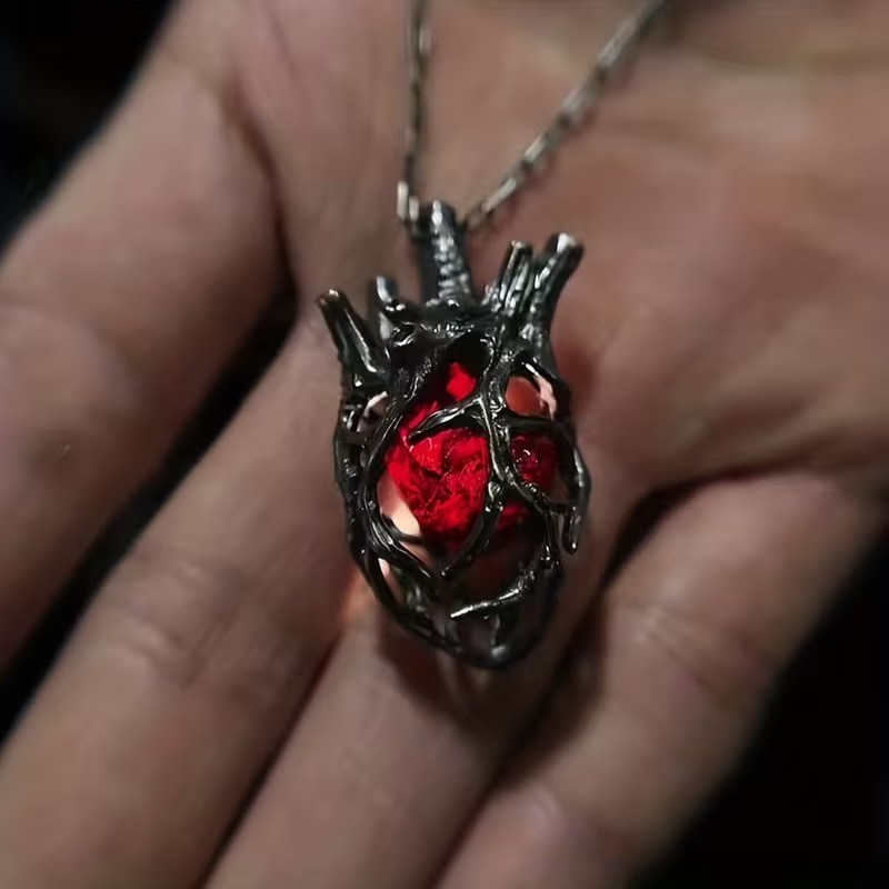 3D Hollow Retro Heart Pendant, Bi-Color Glass Heart Halloween Goth Necklace