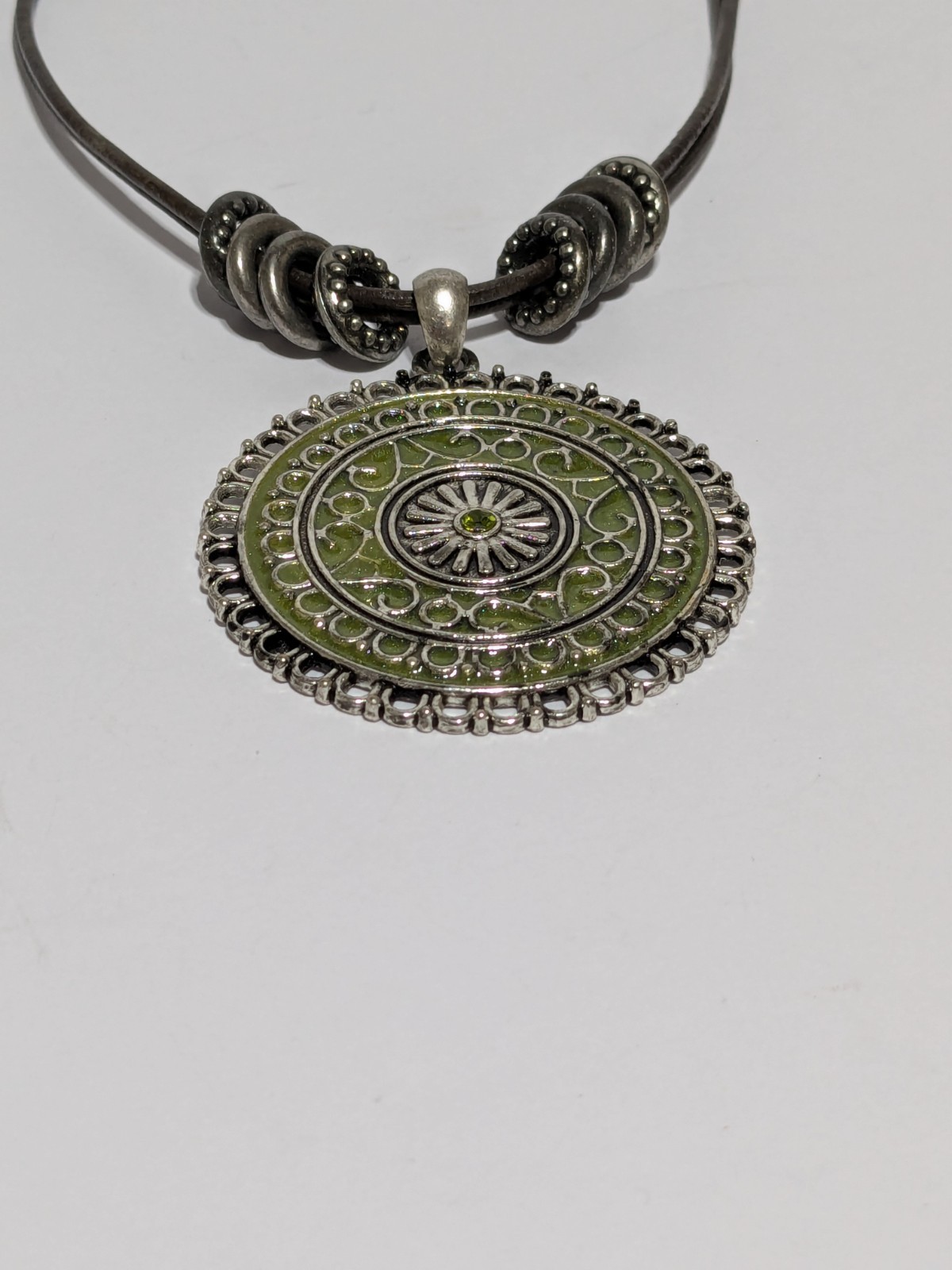 Faux Leather Brown Necklace With Silver Tone & Green Enamel Medallion Pendant