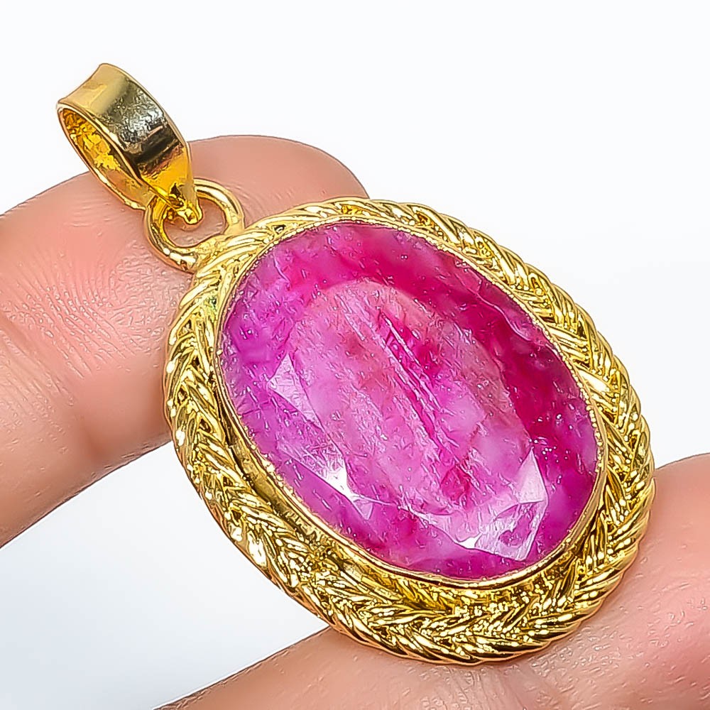 Ruby (Lab-Created) Silver Gold Plated Pendant 1.76″ P7622-300