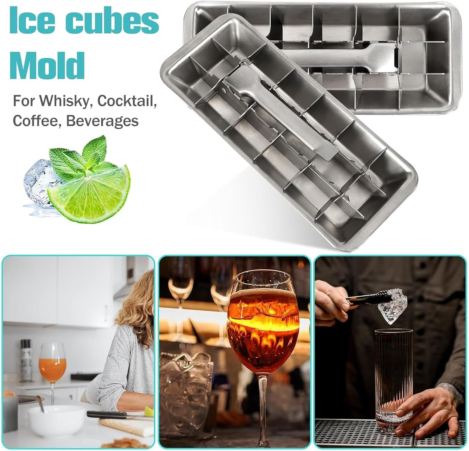 Stainless Steel & Metal Ice Cube Trays with Handle 18-Slot Small Ice Cube Mold