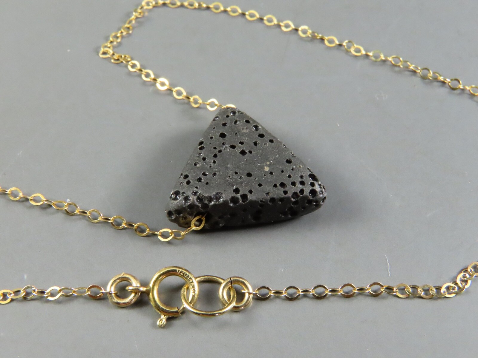 14K GF GOLD FILLED Chain Necklace BLACK TRIANGLE LAVA ROCK PENDANT Oil Diffuser
