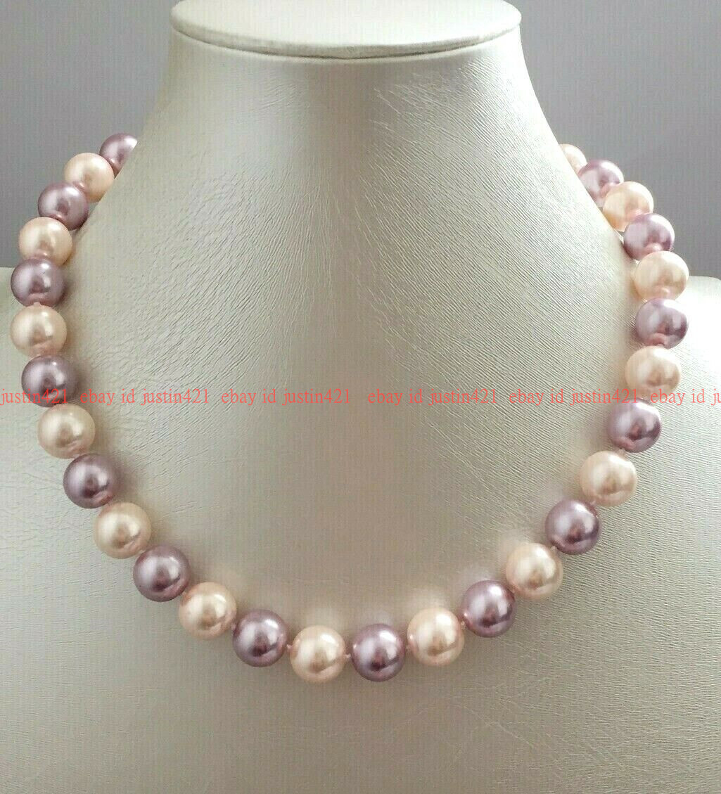 16″ 18″ 20″ 22 ” 24″ 8/10/ 12mm Purple & Pink Shell Pearl Round Beads Necklace