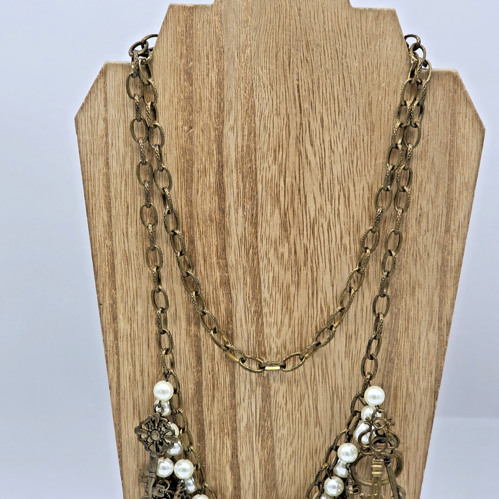 Plunder QUINCY Antique Bronze Fringe Necklace Pearls Brass Skeleton Keys 36”