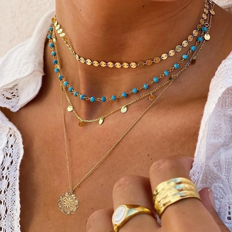 Aiosy Boho Layered Necklace for Women Turquoise Dainty One Size, Gold