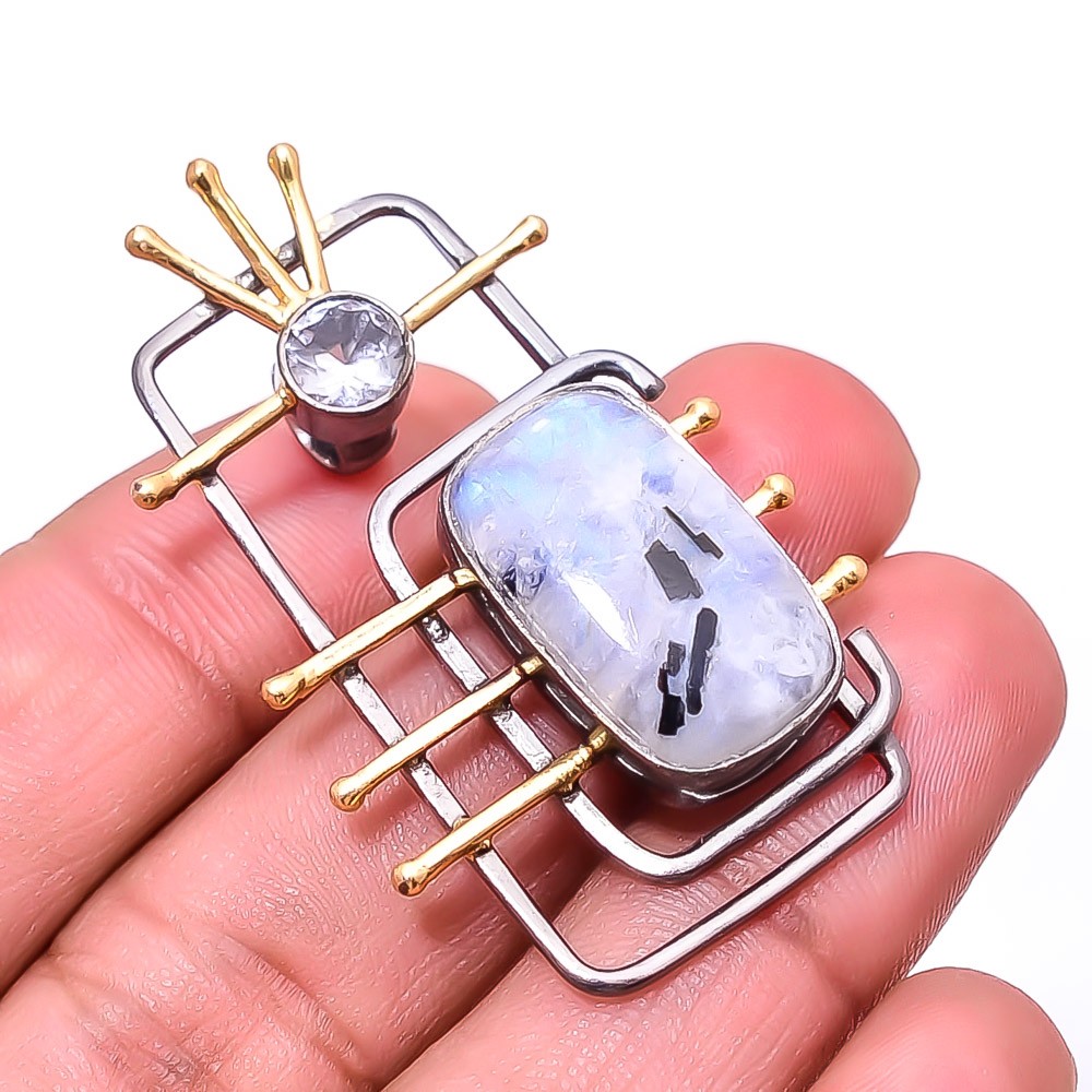 Rainbow Moonstone Black And Gold Plated 925 Silver Jewelry Pendant 1.56″ P840025