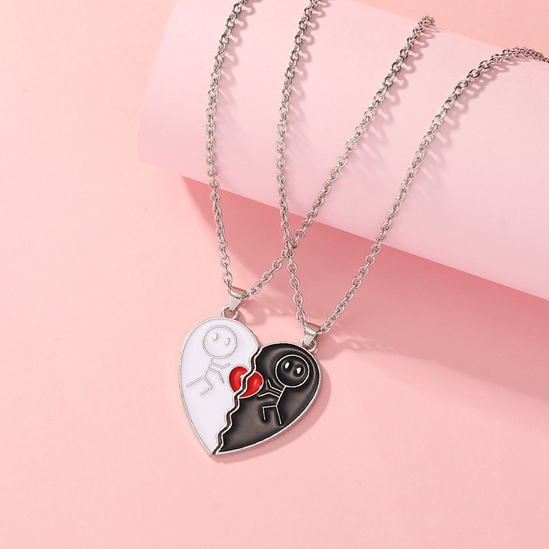 2pcs Magnet Matchstick People Lovers’ Black White Heart Pendant Chain Matching N