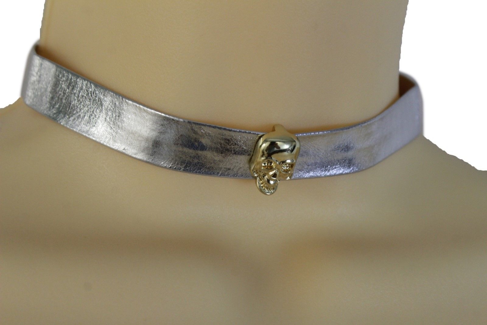 Hot Women Skinny Band Metallic Silver Choker Fashion Jewelry Necklace Gold Skull