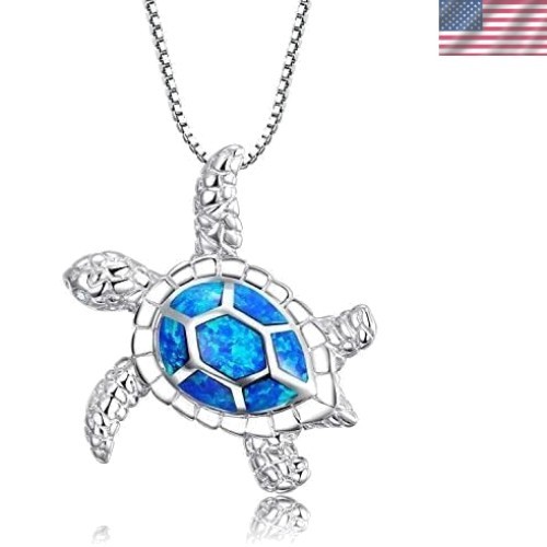 Fashionable Blue Opal Sea Turtle Pendant Necklace – Health & Longevity Symbol