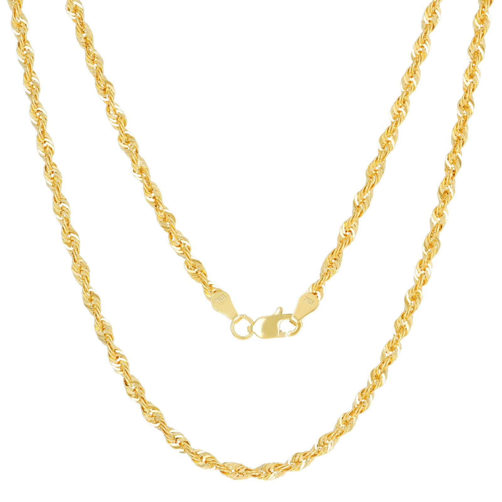 10K Yellow Gold 3mm Rope Chain Laser Diamond Cut Necklace Mens Womens 16″- 30″