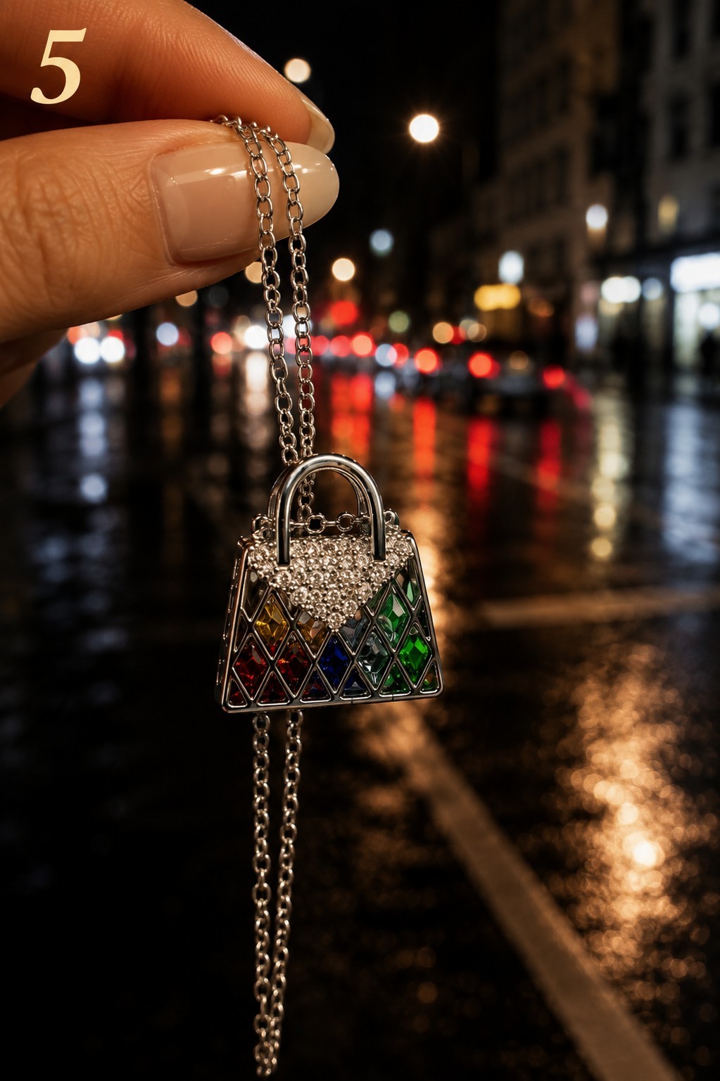Silver Tone Crystal Handbag Purse Pendant Necklace Rainbow Rhinestone Gift
