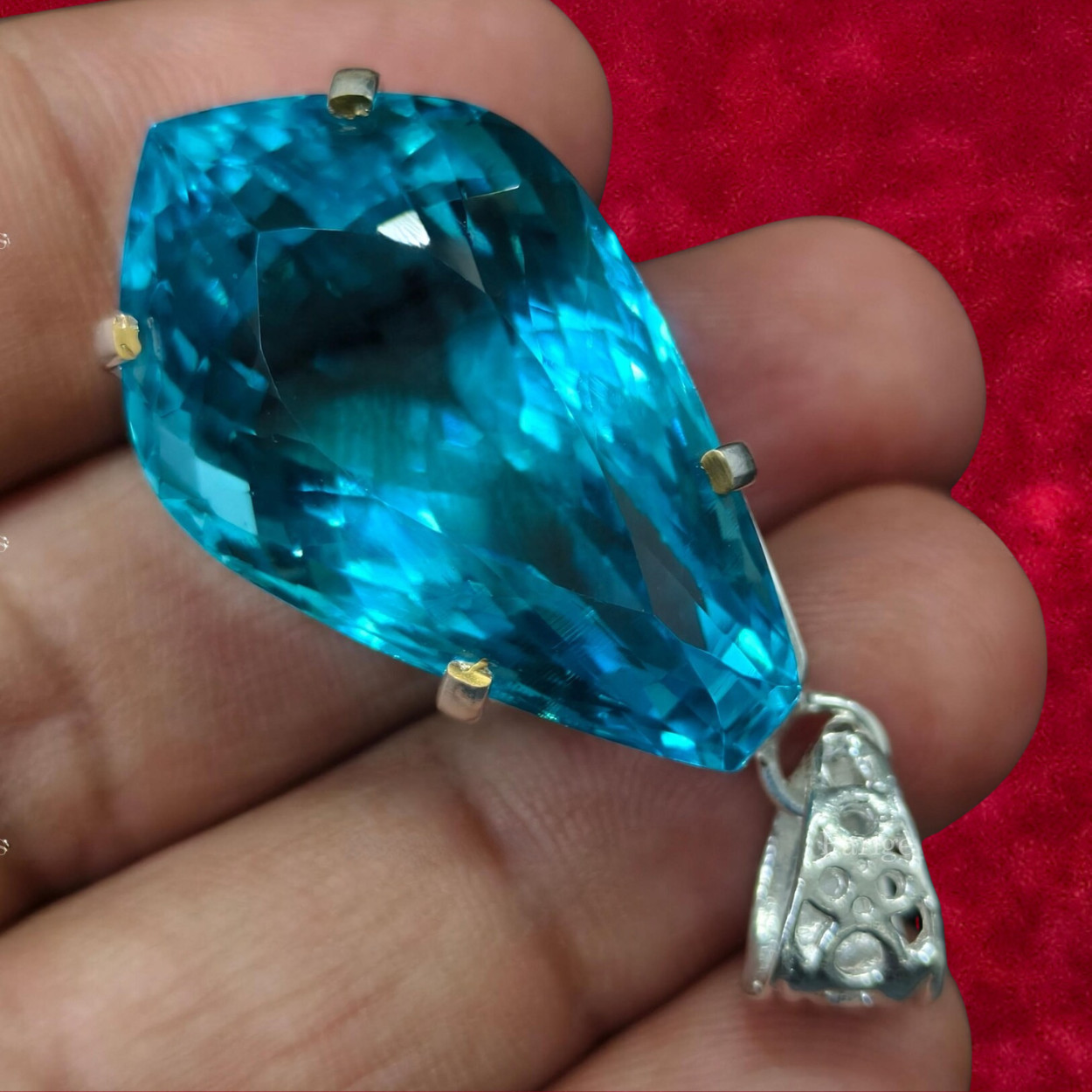 70+ Ct Lab Created Swiss Blue Topaz Fancy Cut German Silver Solitaire Pendant
