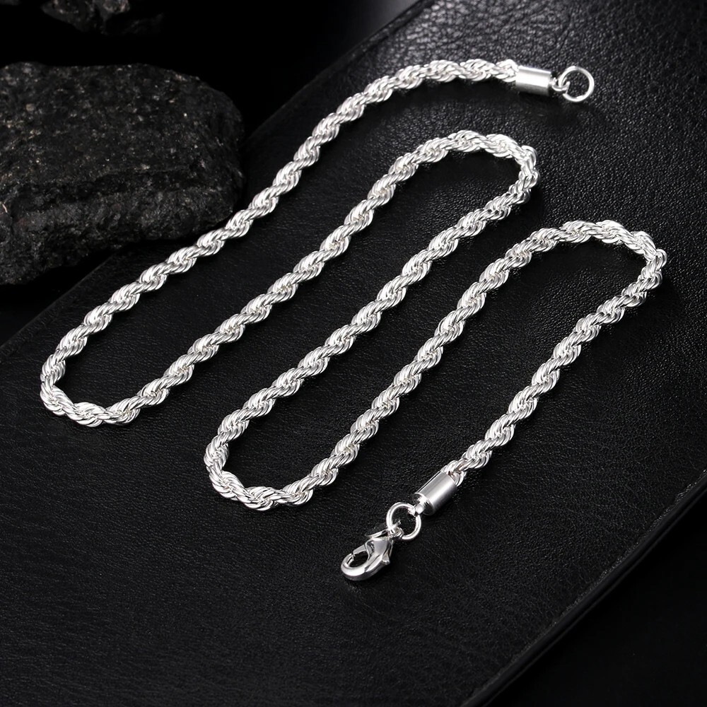 4mm Solid Silver Italian Rope Chain Necklace Diamond Cut Style