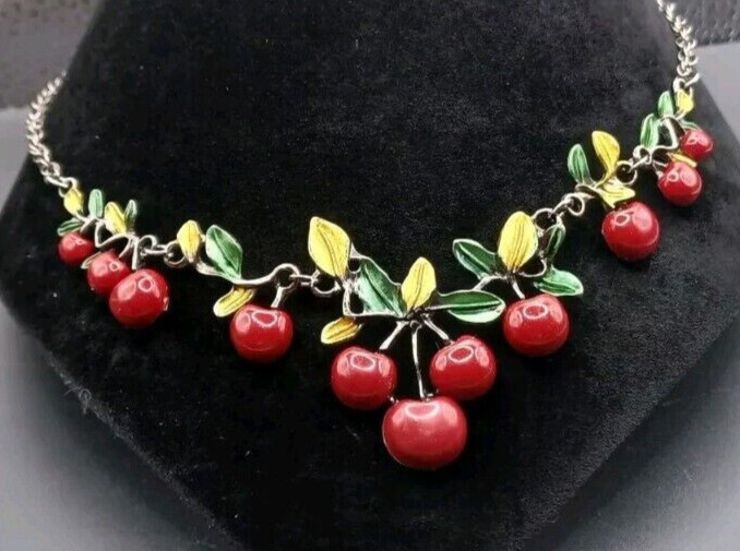 Sweet Red CHERRY Leaf Blossom Choker Betsey Johnson Enamel Necklace Earrings SET
