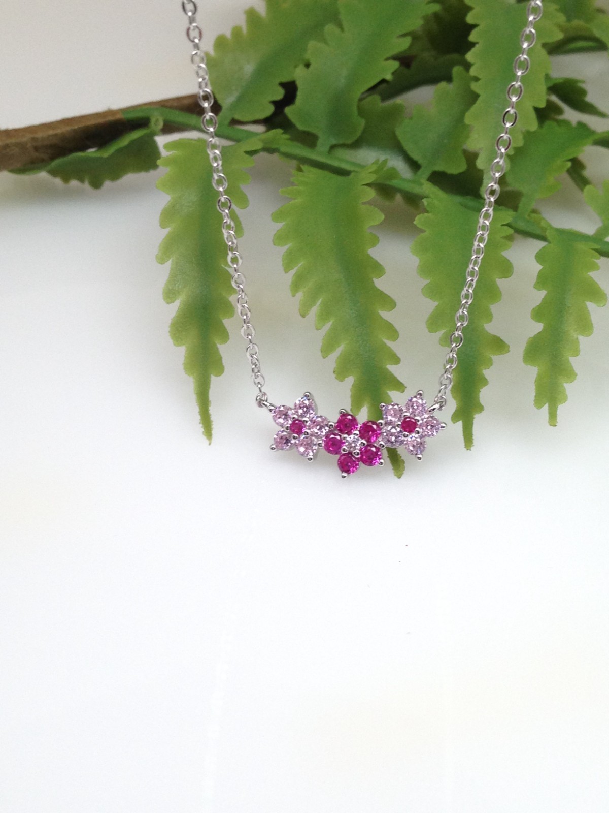 925 Sterling Silver CZ Triple Pink Flower Pendant Necklace Women Girl 16mm 17.5″