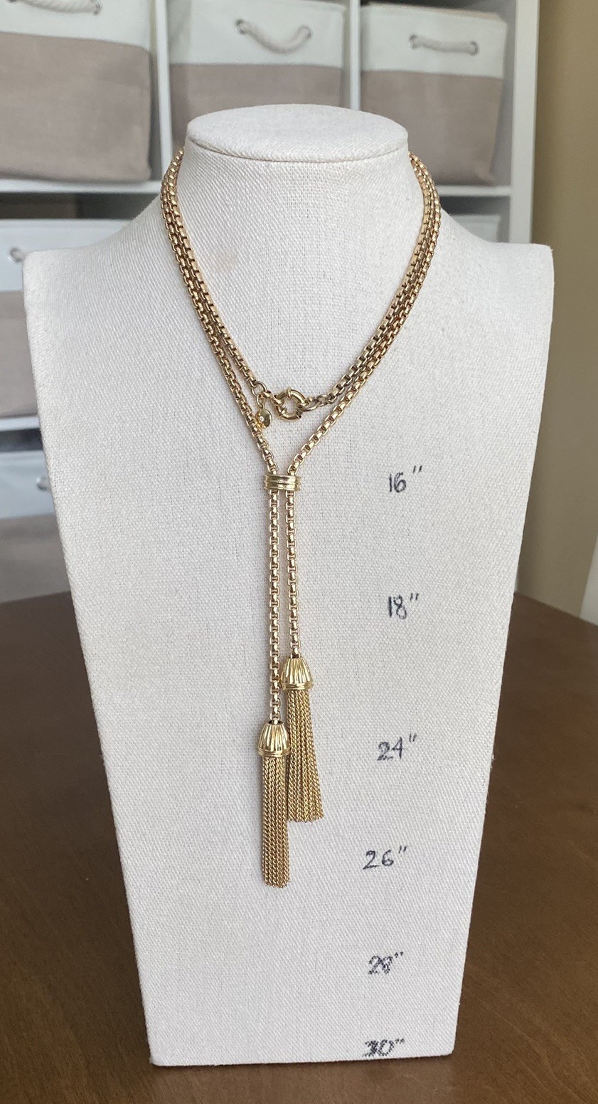 J Crew Gold Tone Lariat Boxed Chain Double Tassel Necklace Flapper style Vintage