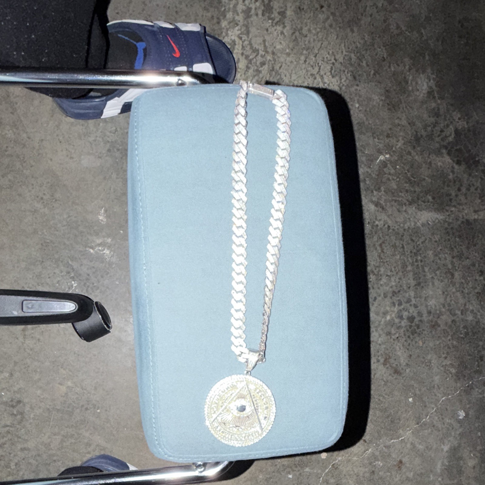 Silver Cuban Link Chain Necklace with Box Closure, Round Religious Medal Pendant