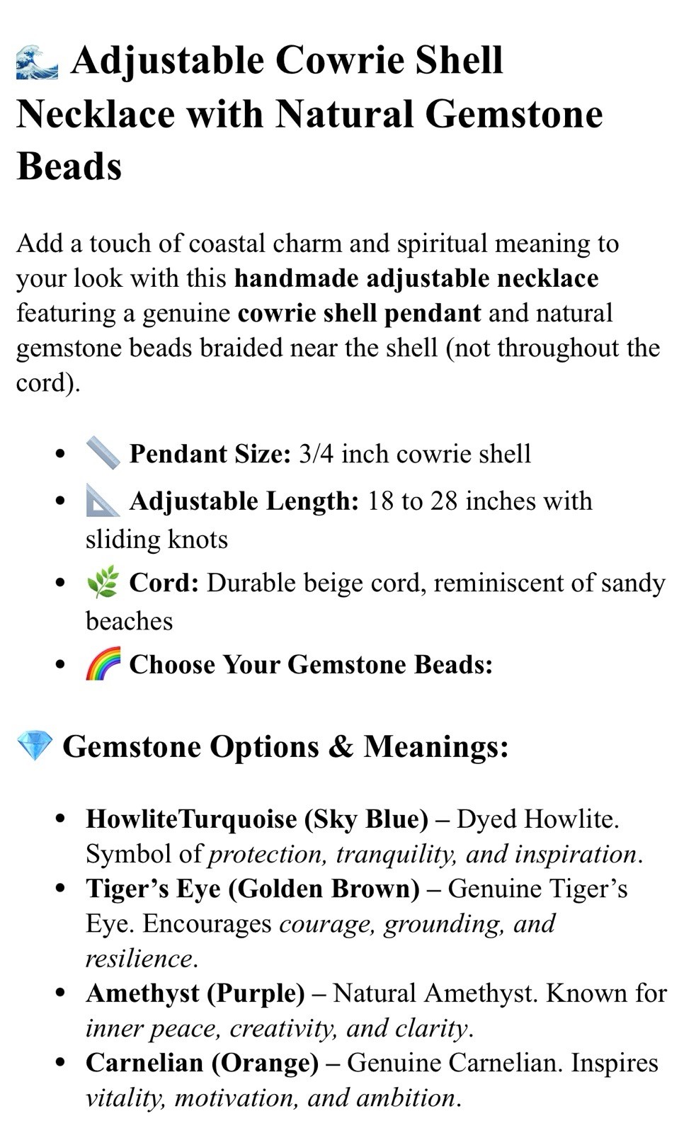 Adjustable Cowrie Shell Necklace Gemstone Beads – Turquoise, Tiger’s Eye, Amethy