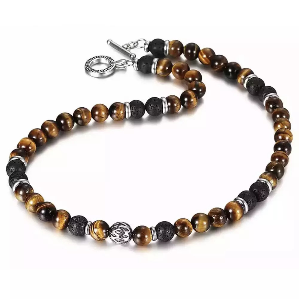 Men’s 8mm Natural Tiger Eye Lava Bead Necklace Stainless Steel Toggle 18/20/24″
