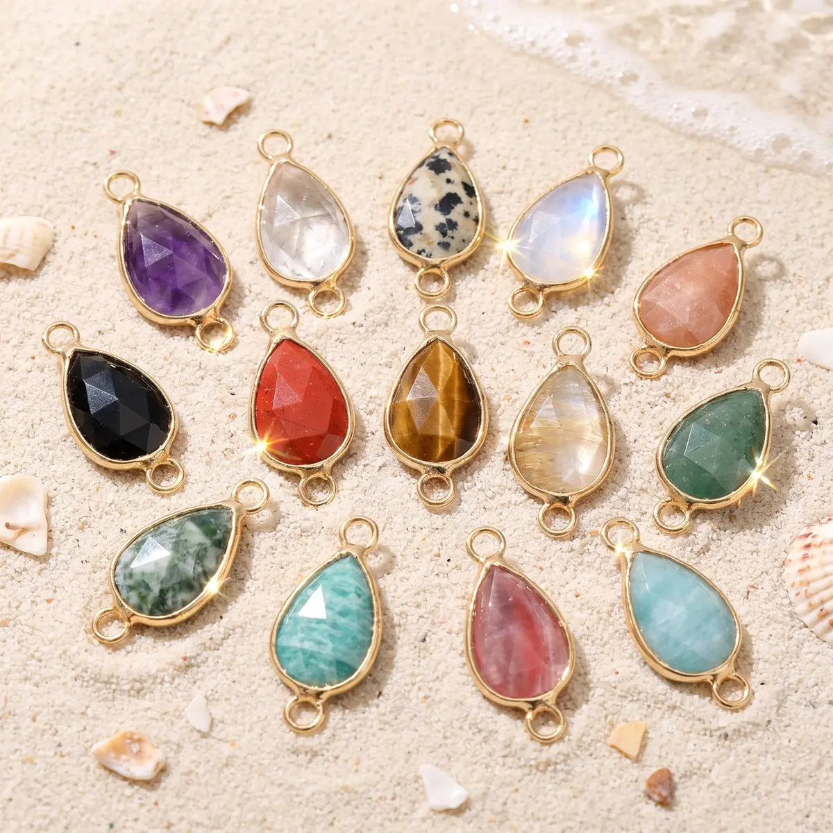 6PC 9x21mmTeardrop Connector Charms Faceted Crystal Double Loops Gold Tone