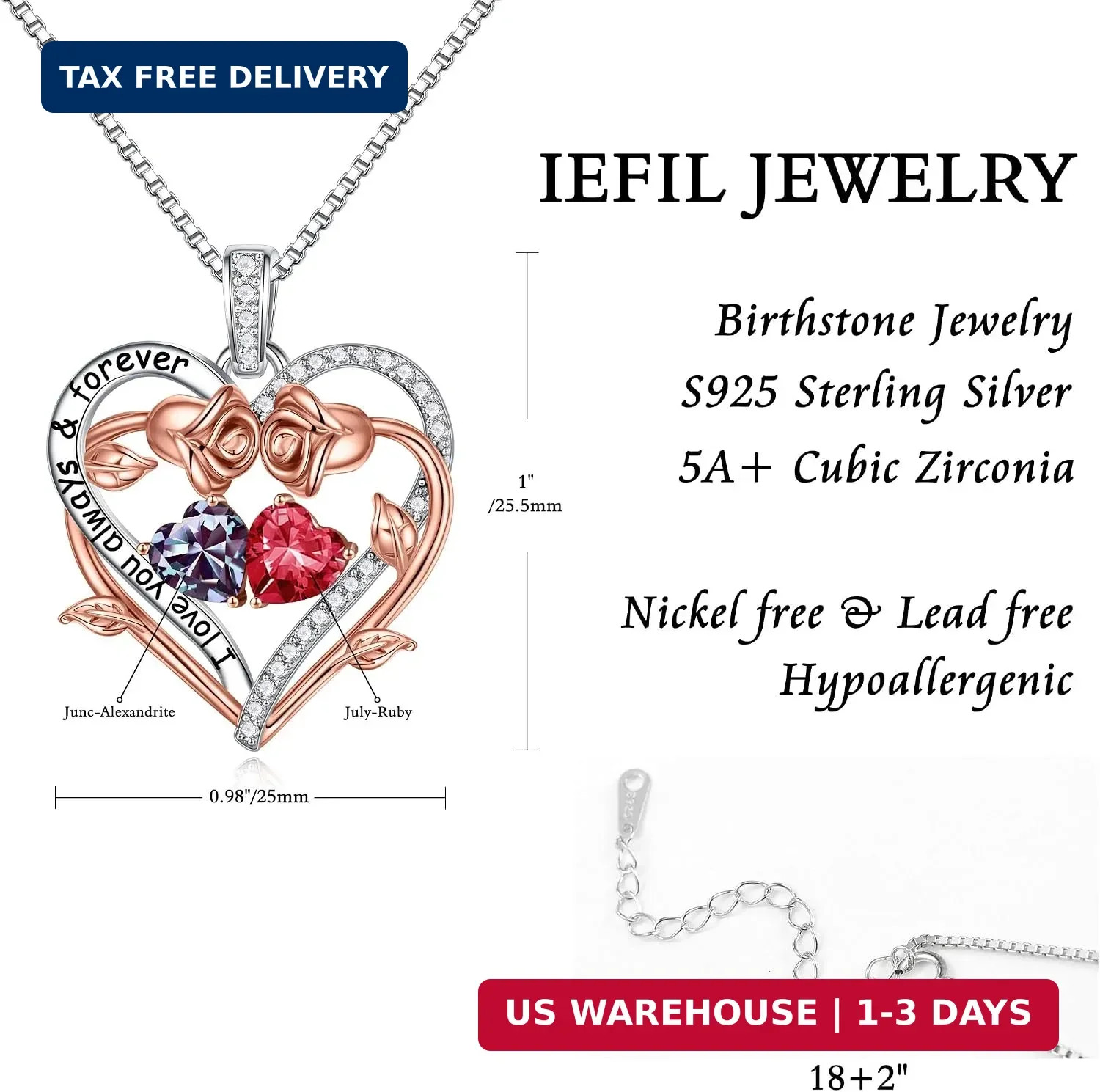 Iefil Rose Heart Double Birthstone Necklace, Gifts for Wife Her Women | 925 Ster
