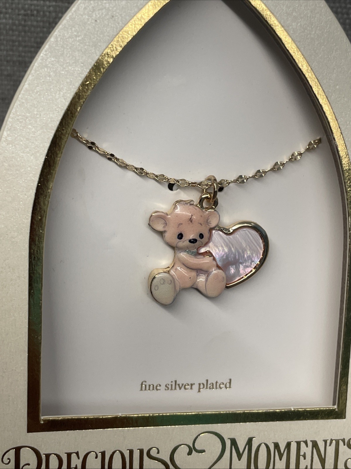 Precious Moments Bear & Heart Necklace Fine Silver Plated Gold Tone & Enamel