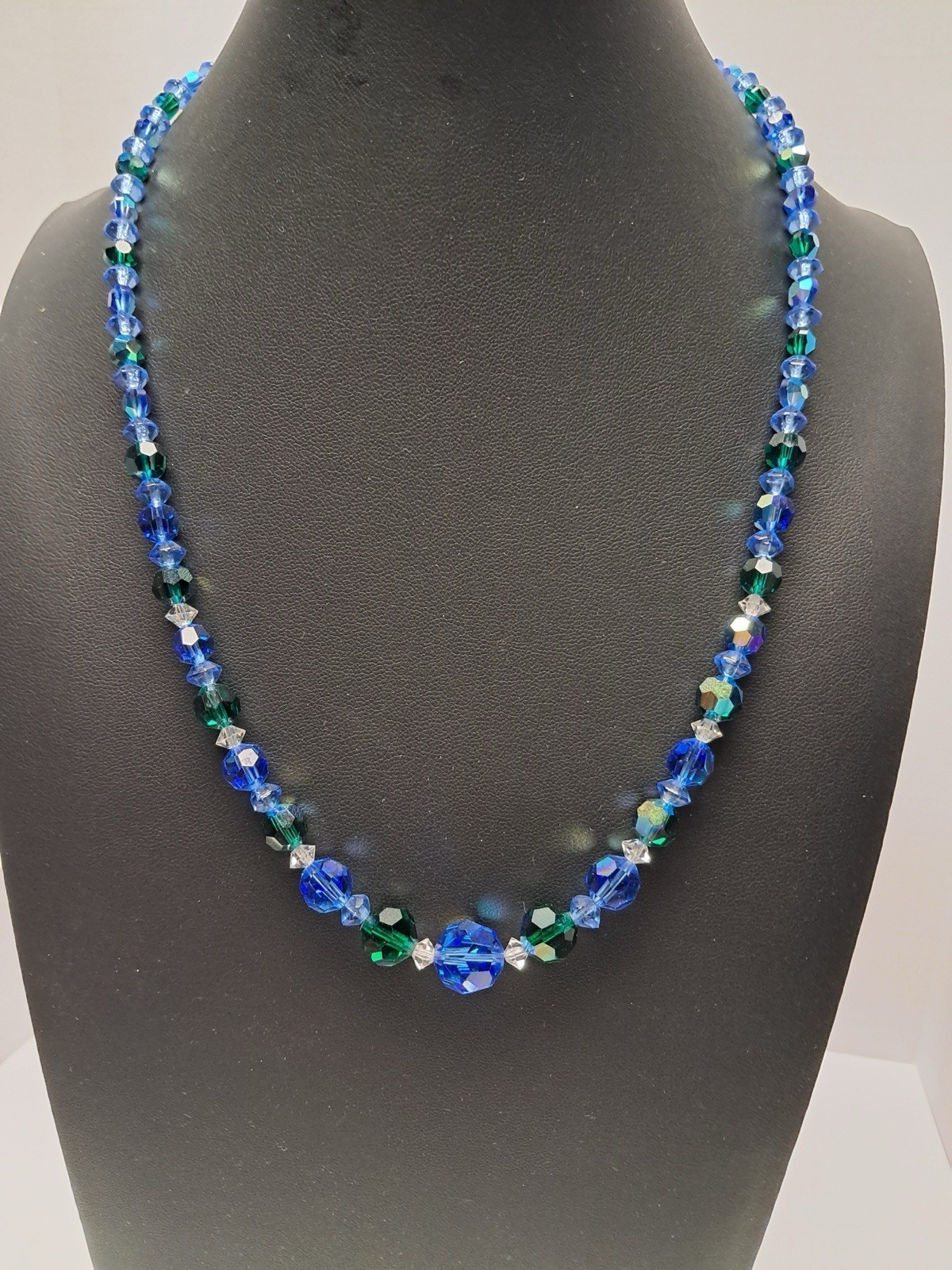 Blue Green Faceted Crystal Glass Beaded Necklace Cobalt Emerald 18-21 Inch