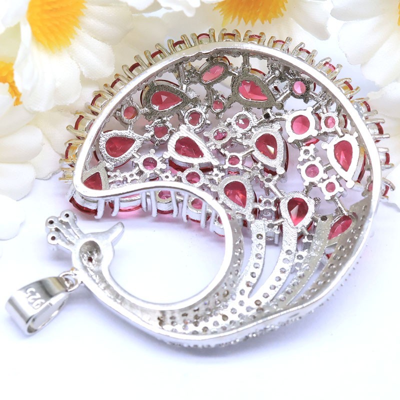 Eye Catching Big Peacock Shape Rhodolite Garnet CZ Women Silver Plated Pendant