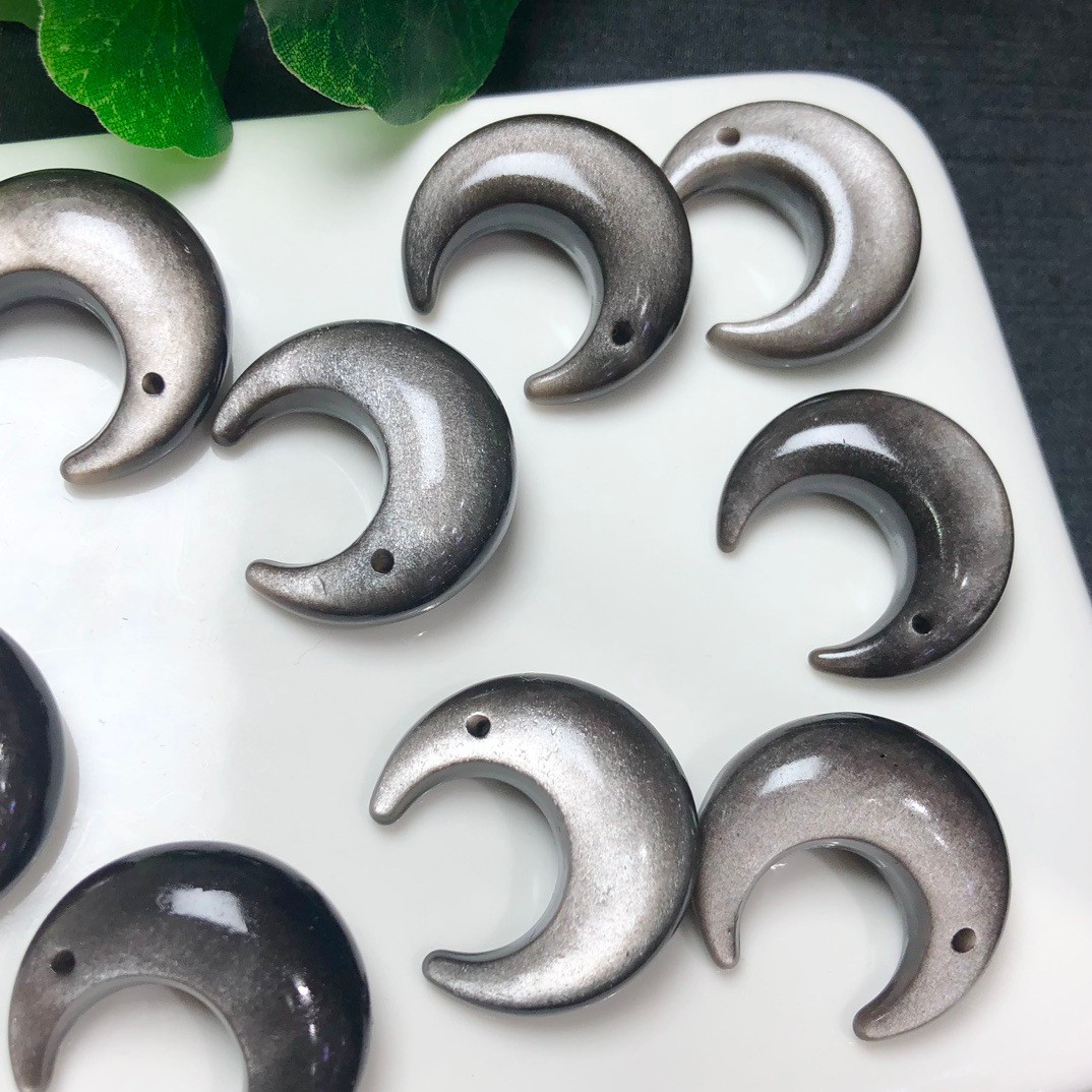 Natural 26x10mm Silvery Obsidian Moon Pendant Reiki Healing Gemstone Pendant