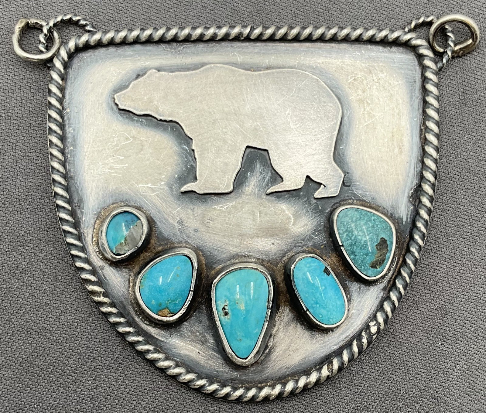 Jenvy Fox Turquoise Sterling Silver Shield Bear Paw Pendant Jewelry Excellent