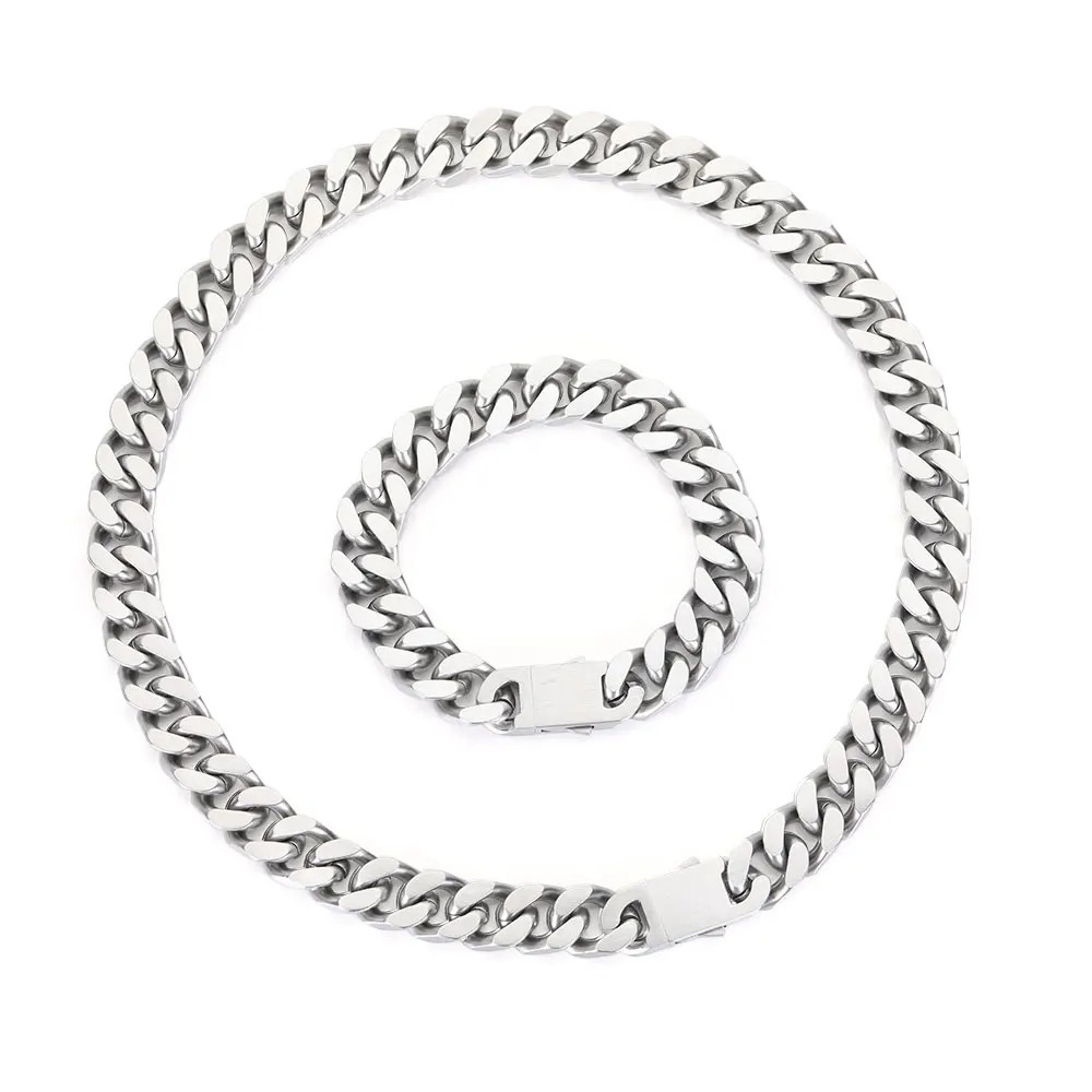 Cuban Link Chain Necklace Stainless Steel Flat Curb Wide Heavy Link Jewelry