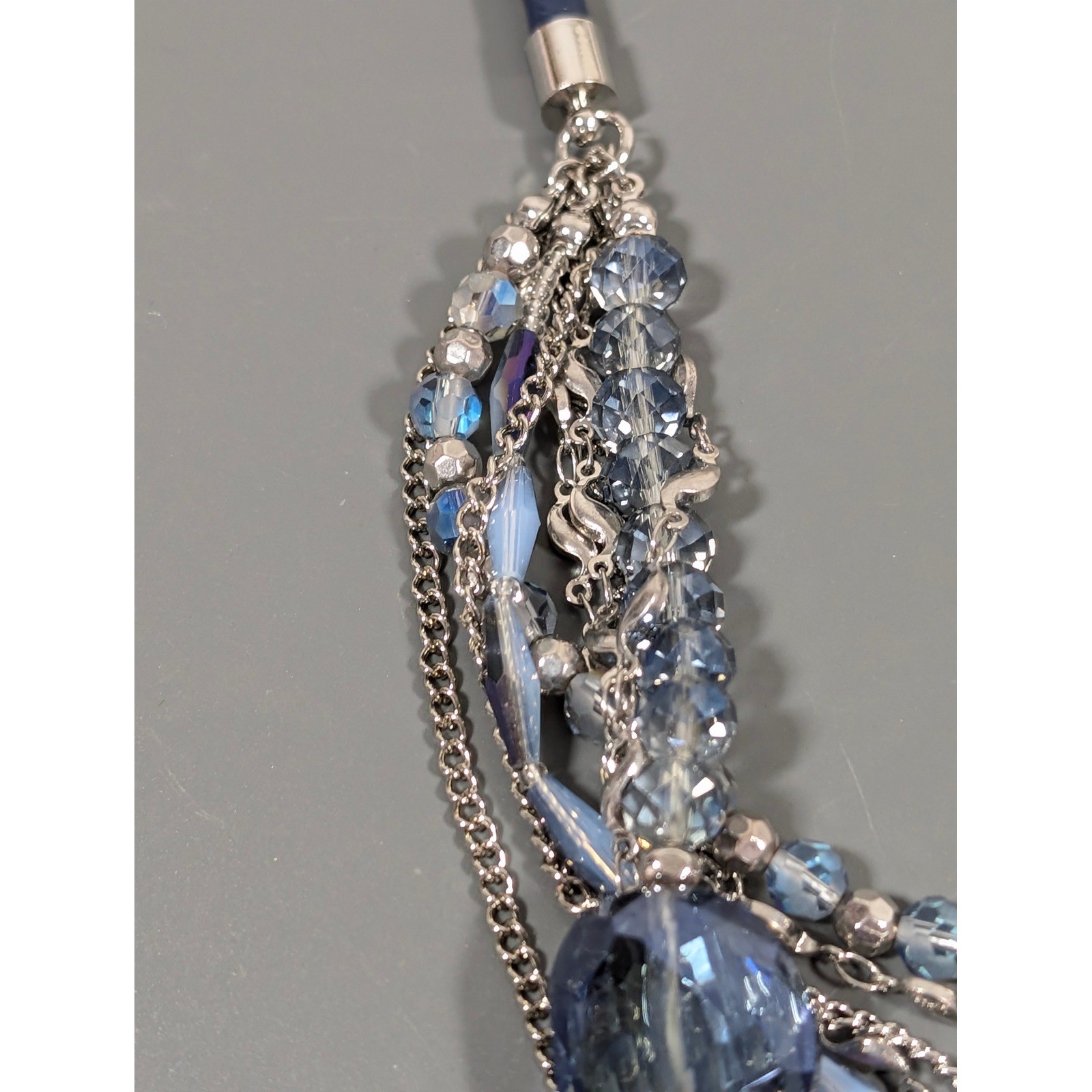 Blue Glass Bead Multi Chain Layered Statement Necklace Faux Leather 21″