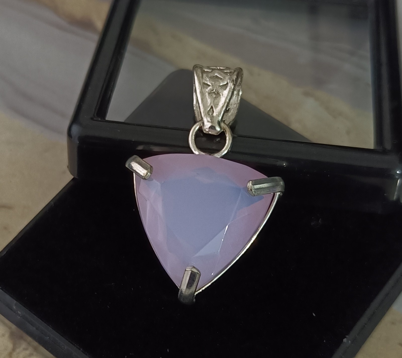 40 Ct Natural Pink Opal Gemstone -Trillion Cut Sterling Sliver Solitaire Pendant