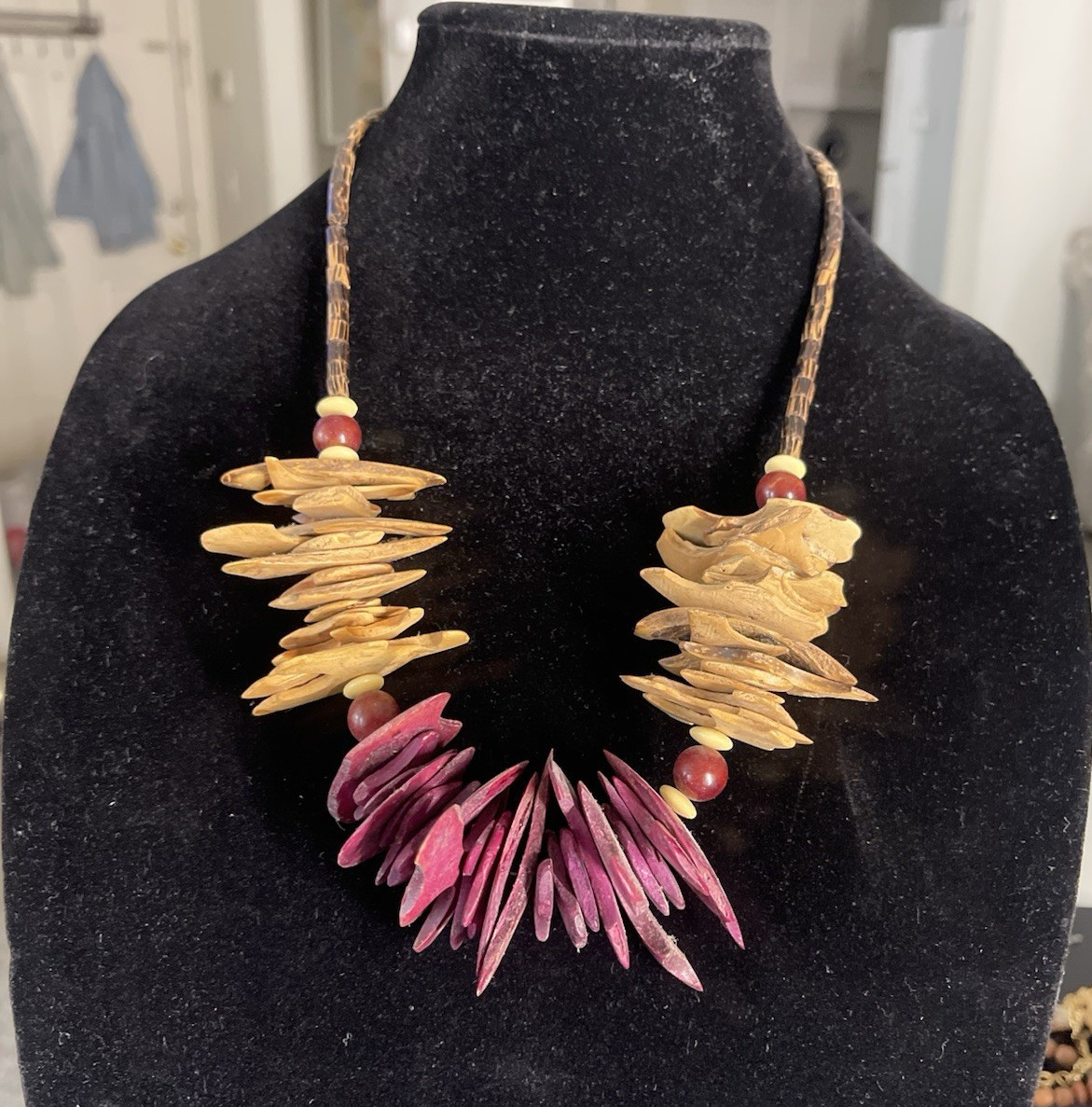 Statement Bohemian Beaded Necklace Brown Cord Gold & Purple Wood Chip Beads
